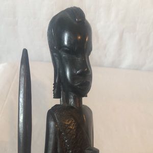 African man with spear and water flask;  handcrafted ebony wood; imported